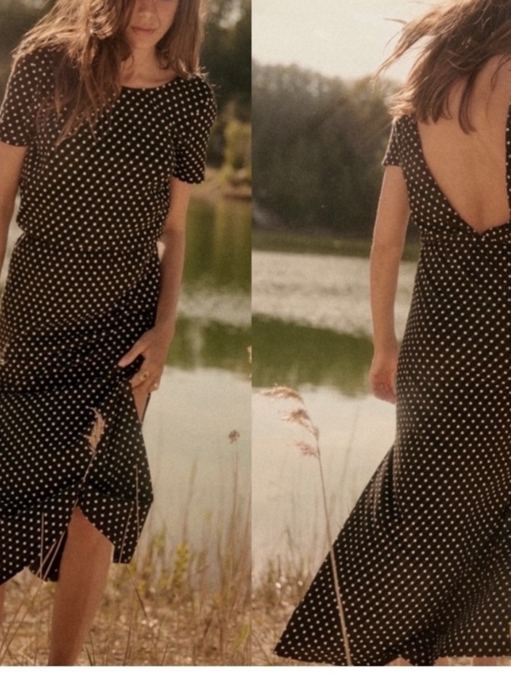 Sezane Black Polka Dot Scoop-Back Midi Dress
